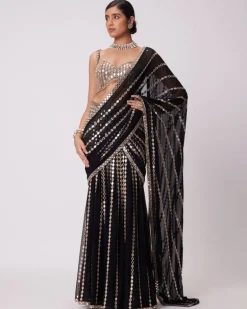 Black Pre Draped Hand Embroidered Sari Set