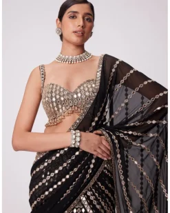 Black Pre Draped Hand Embroidered Sari Set