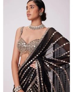 Black Pre Draped Hand Embroidered Sari Set