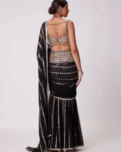 Black Pre Draped Hand Embroidered Sari Set