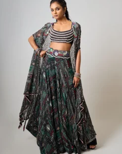 Black Printed & Embroidered Dupatta Cape & Circular Pant Set