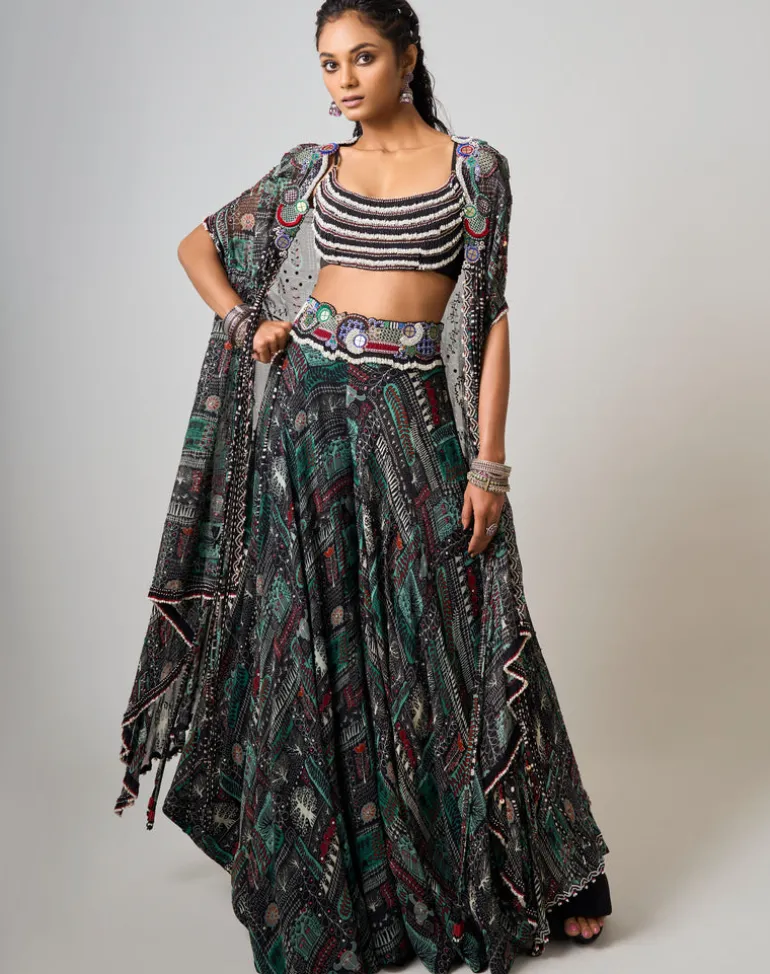 Black Printed & Embroidered Dupatta Cape & Circular Pant Set