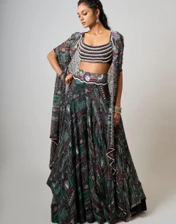 Black Printed & Embroidered Dupatta Cape And Lehenga set