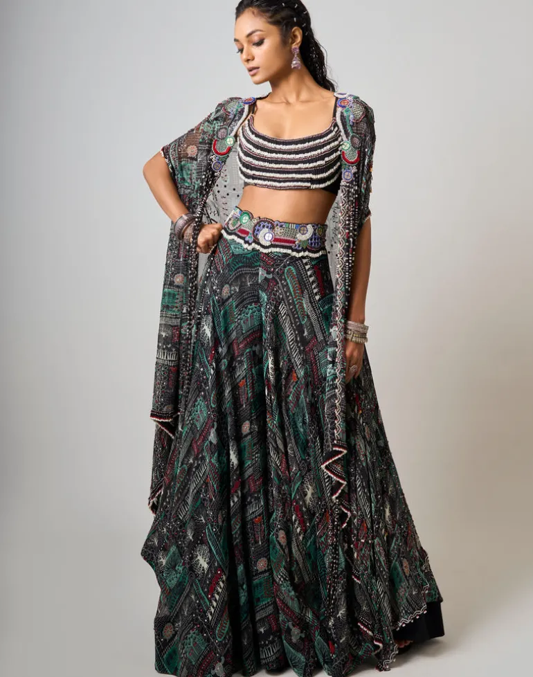 Black Printed & Embroidered Dupatta Cape And Lehenga set