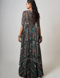 Black Printed & Embroidered Dupatta Cape & Circular Pant Set