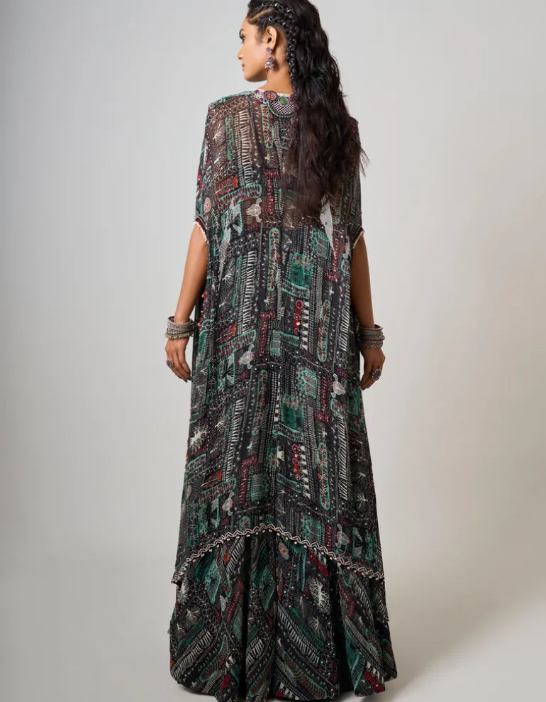 Black Printed & Embroidered Dupatta Cape & Circular Pant Set