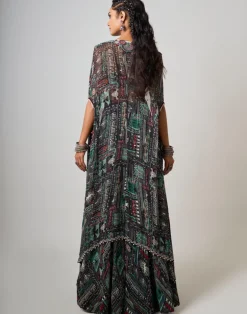 Black Printed & Embroidered Dupatta Cape And Lehenga set