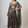 Black Printed & Hand Embroidered Dupatta Cape With Cowl Skirt Set