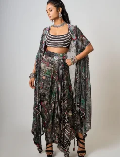 Black Printed & Hand Embroidered Dupatta Cape With Cowl Skirt Set