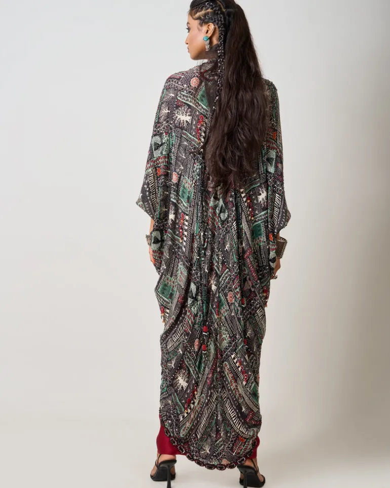 Black Printed & Hand Embroidered Long Kite With Pick Up Skirt Set
