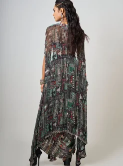 Black Printed & Hand Embroidered Dupatta Cape With Cowl Skirt Set