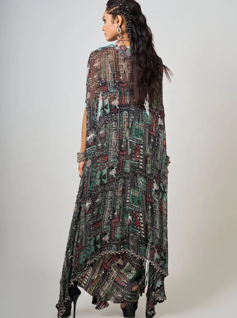 Black Printed & Hand Embroidered Dupatta Cape With Cowl Skirt Set