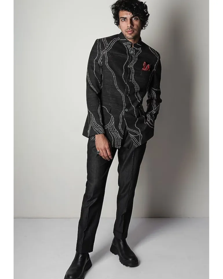 Black Printed Bandhgala Set