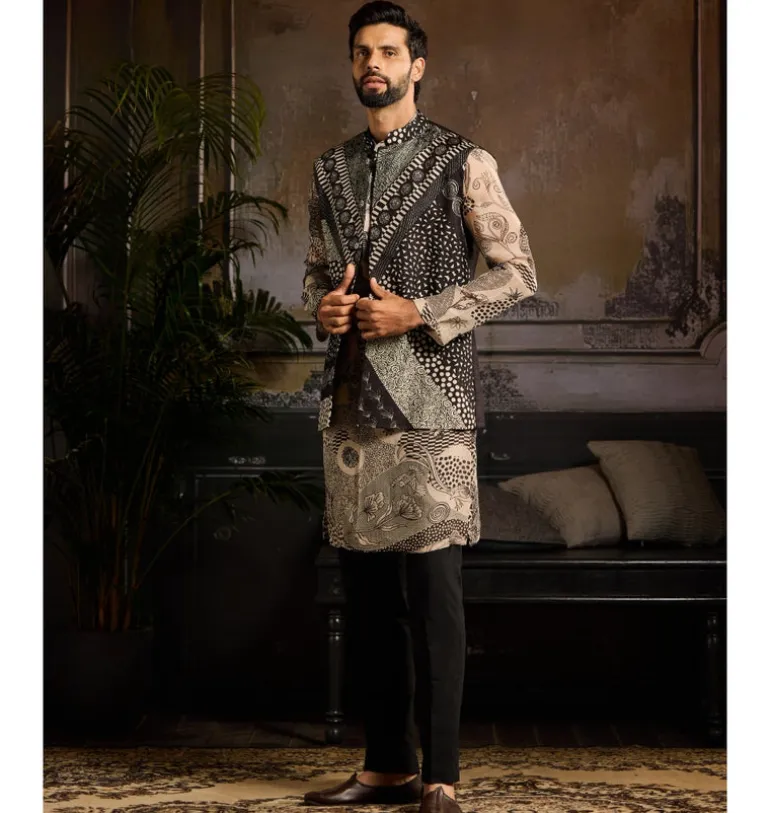 Black Printed Bundy & Biege With Black Printed Kurta Paired With Black Pants