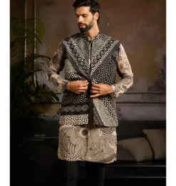 Black Printed Bundy & Biege With Black Printed Kurta Paired With Black Pants