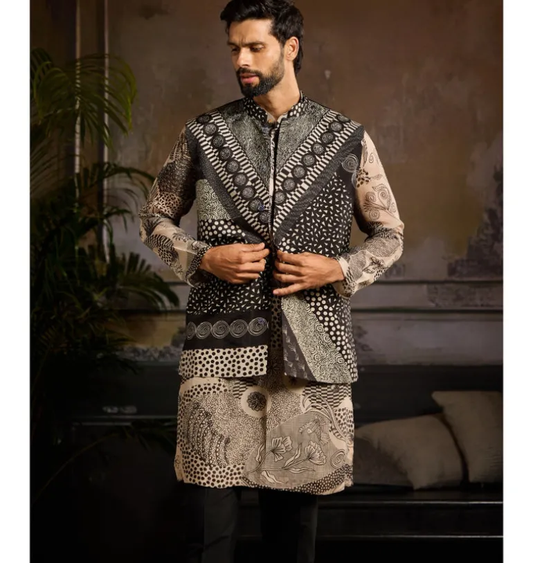 Black Printed Bundy & Biege With Black Printed Kurta Paired With Black Pants