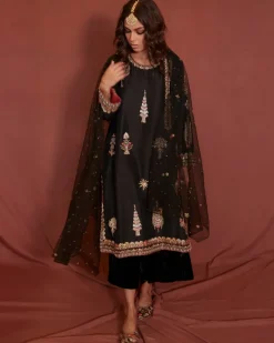 Black Raw Silk Nimr Kurta Set