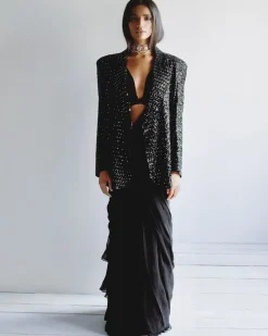Black Ruffle Sari And Jacket Set