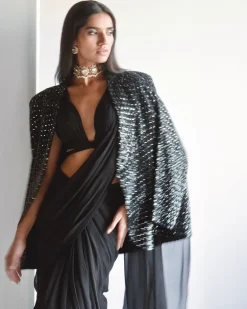 Black Ruffle Sari And Jacket Set