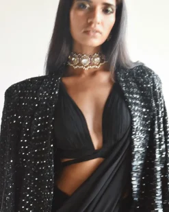 Black Ruffle Sari And Jacket Set