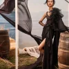 Black Satin Drape Sari Set