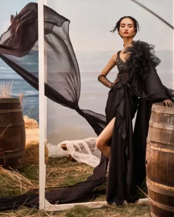 Black Satin Drape Sari Set