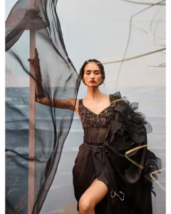 Black Satin Drape Sari Set