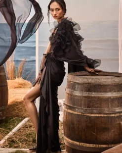 Black Satin Drape Sari Set