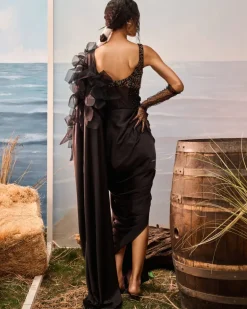 Black Satin Drape Sari Set