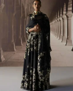 Black Sharara & Cape With Ivory Threadwork