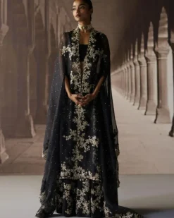 Black Sharara & Cape With Ivory Threadwork