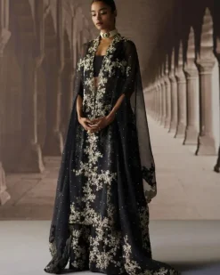Black Sharara & Cape With Ivory Threadwork