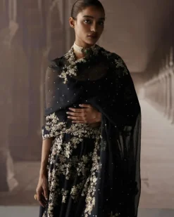 Black Sharara & Cape With Ivory Threadwork