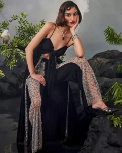 Black Sheer Panel Trousers Set