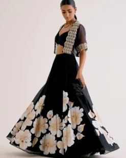 Black Silk Chanderi Hand-Painted Skirt And Cape Set