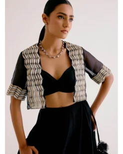Black Silk Chanderi Hand-Painted Skirt And Cape Set