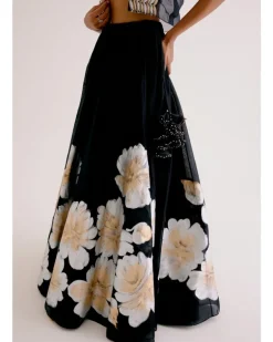 Black Silk Chanderi Hand-Painted Skirt And Cape Set