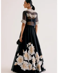 Black Silk Chanderi Hand-Painted Skirt And Cape Set