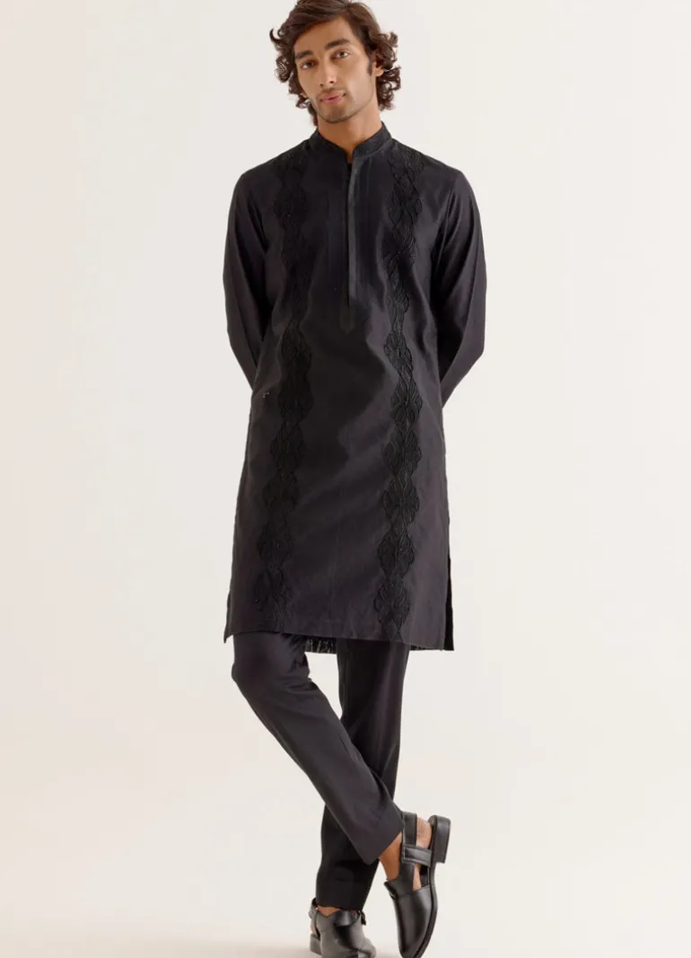 Black Silk Satin Front-Open Kurta Set