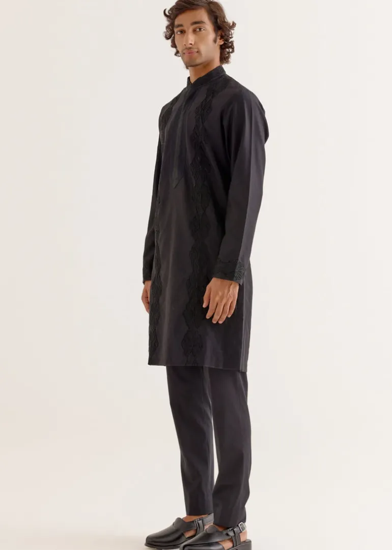 Black Silk Satin Front-Open Kurta Set