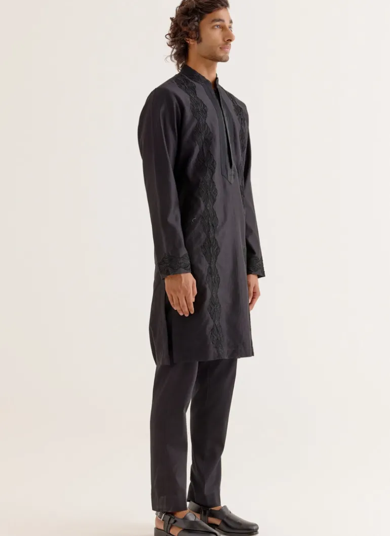 Black Silk Satin Front-Open Kurta Set