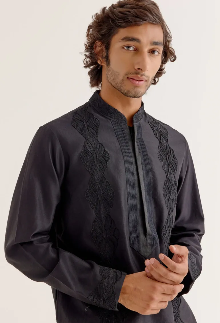 Black Silk Satin Front-Open Kurta Set