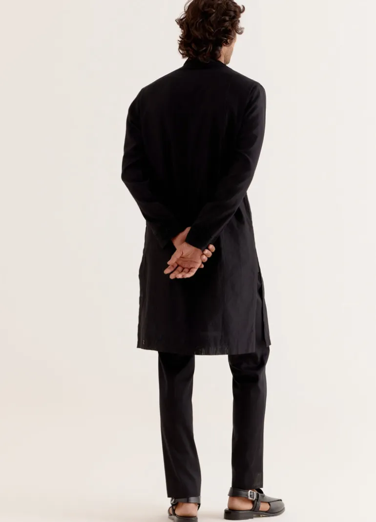 Black Silk Satin Front-Open Kurta Set