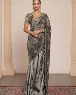 Black Silk Tissue Godet Sari Set