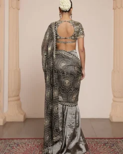 Black Silk Tissue Godet Sari Set