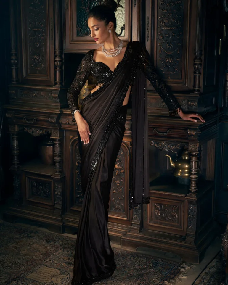 Black Stitched Sari Set