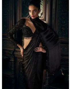 Black Stitched Sari Set
