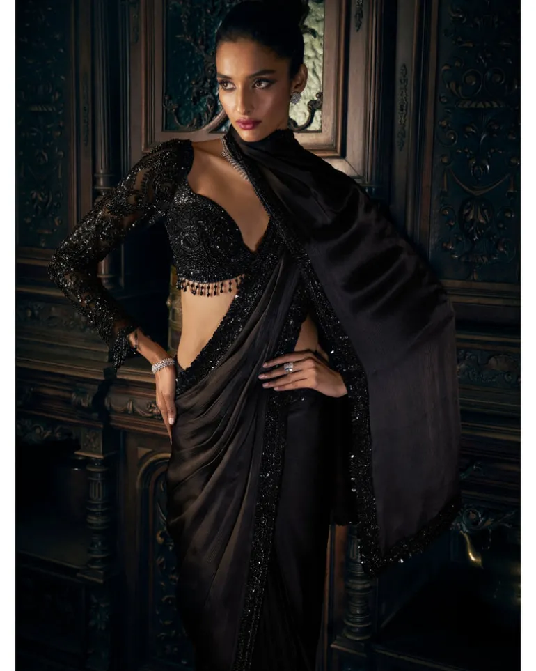 Black Stitched Sari Set
