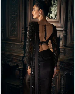 Black Stitched Sari Set