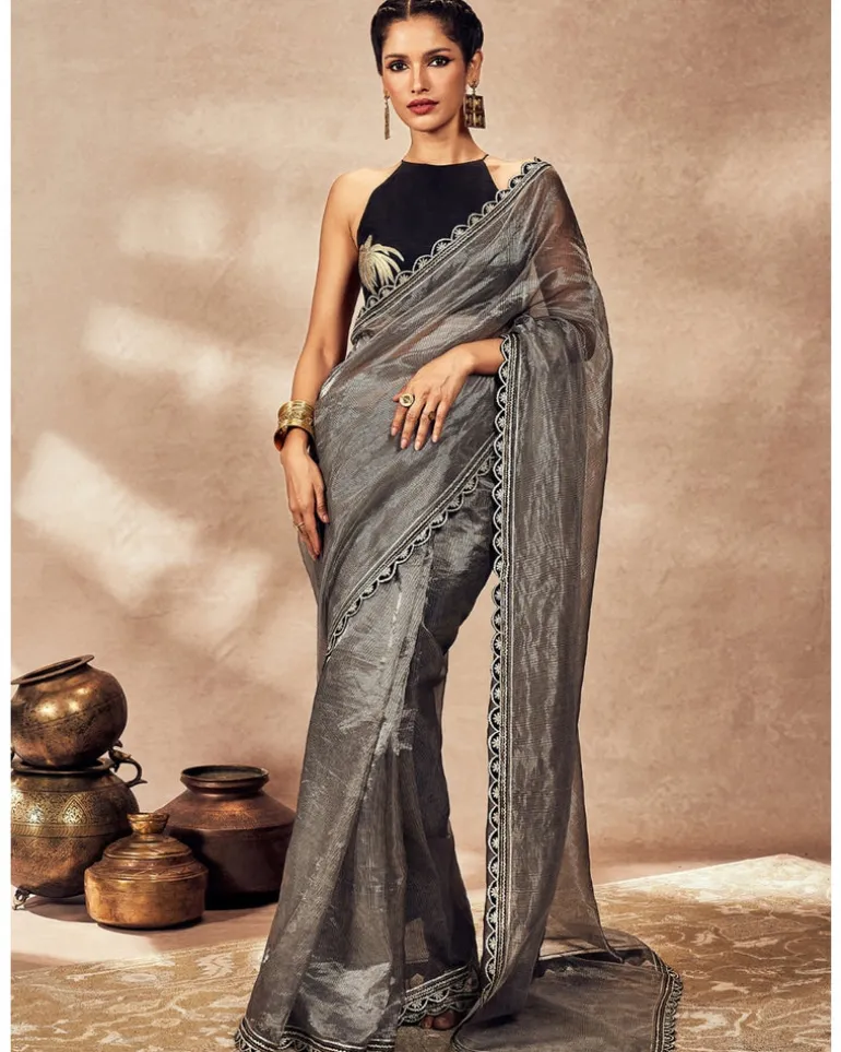 Black Striped Zari Sari Set